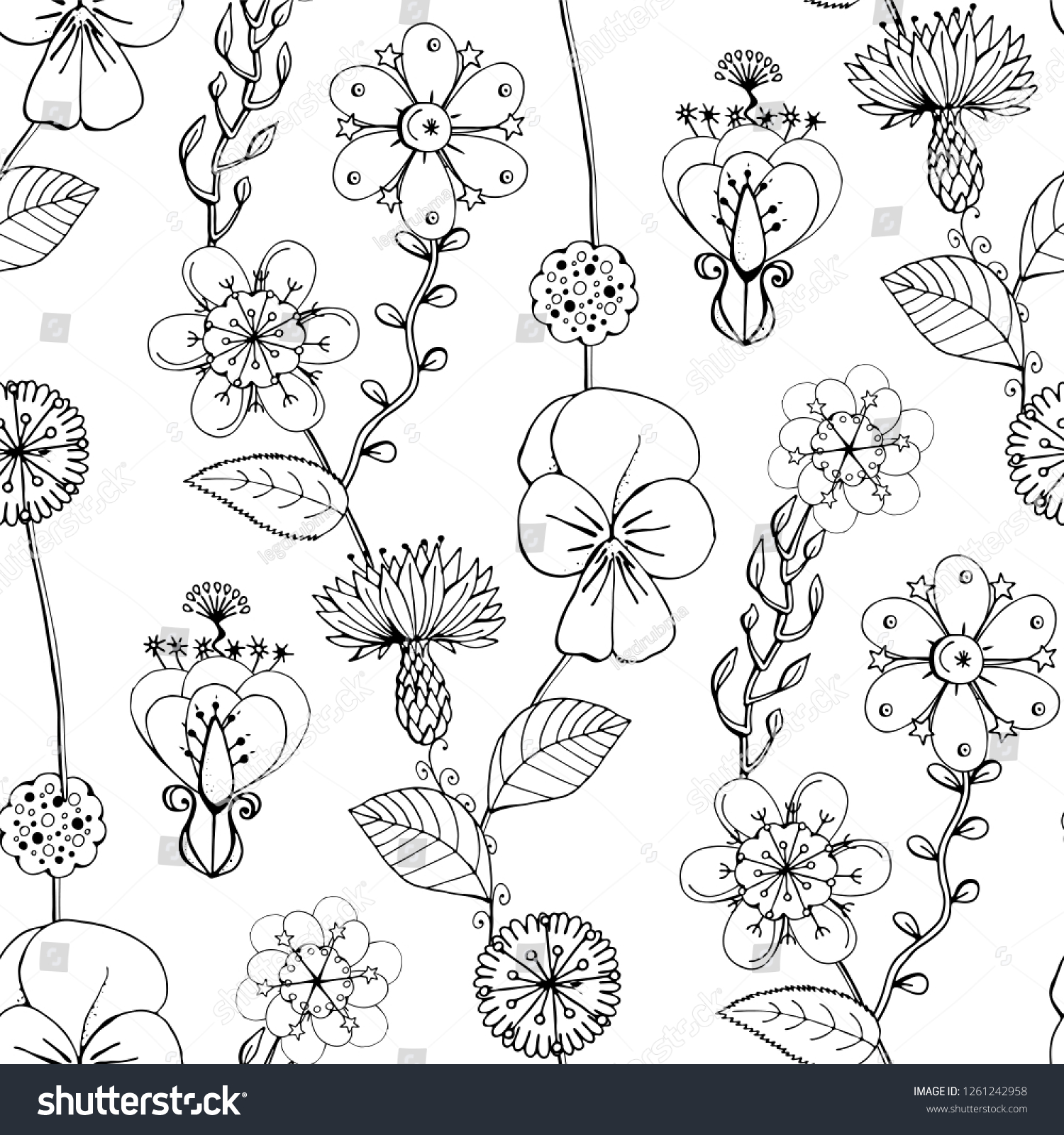 Monochrome Seamless Pattern Flowers White Background Stock Vector ...