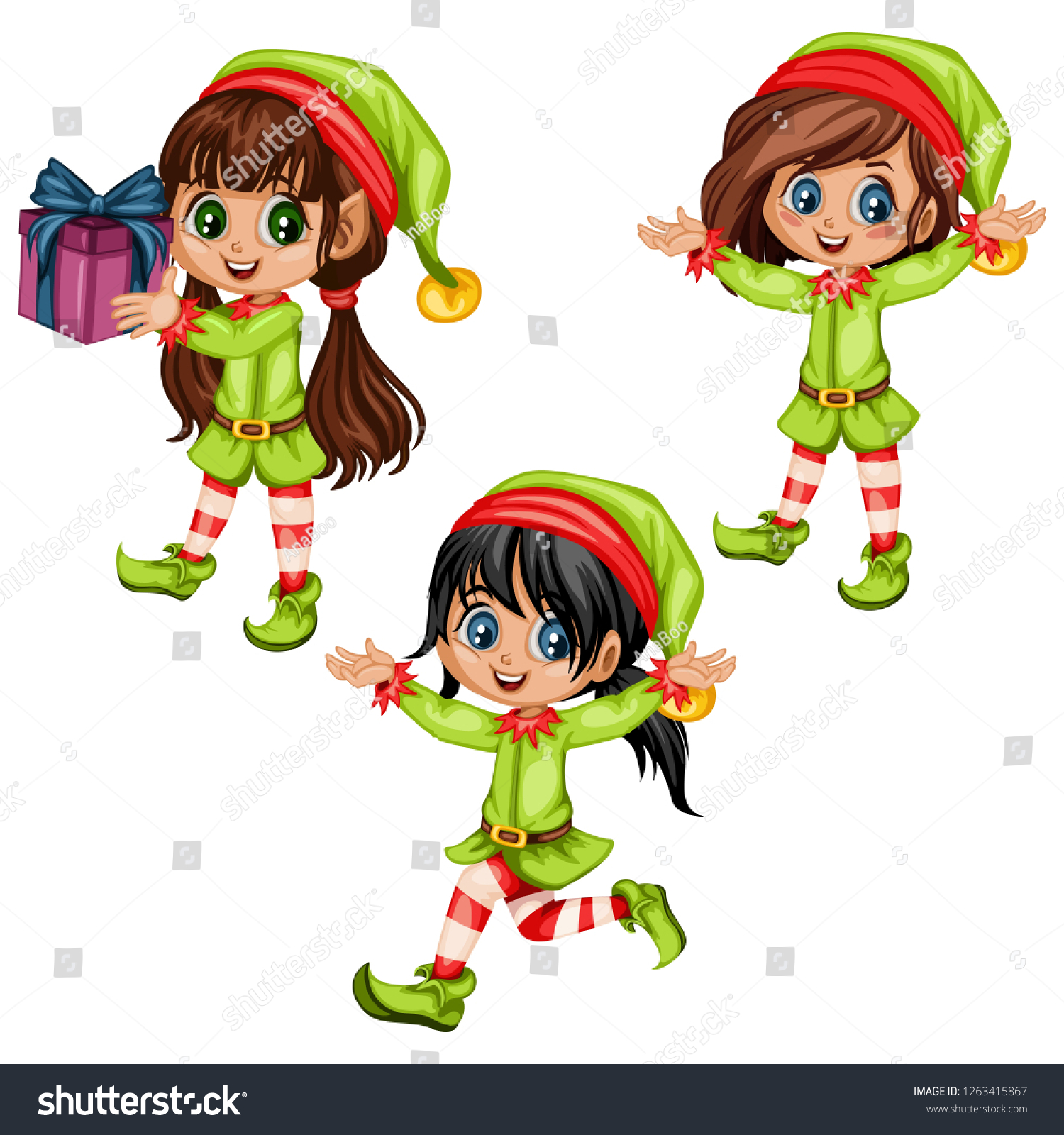 Set Three Cute Playful Christmas Elves Stock Vector (Royalty Free ...