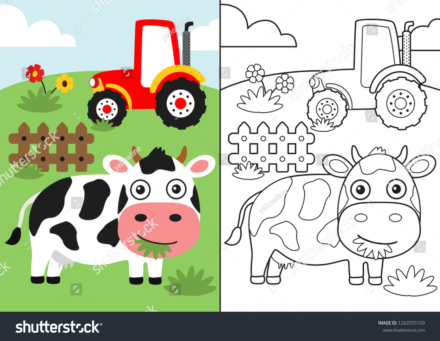 Cow Eating Grass Near Tractor Field Stock Vector (Royalty Free ...