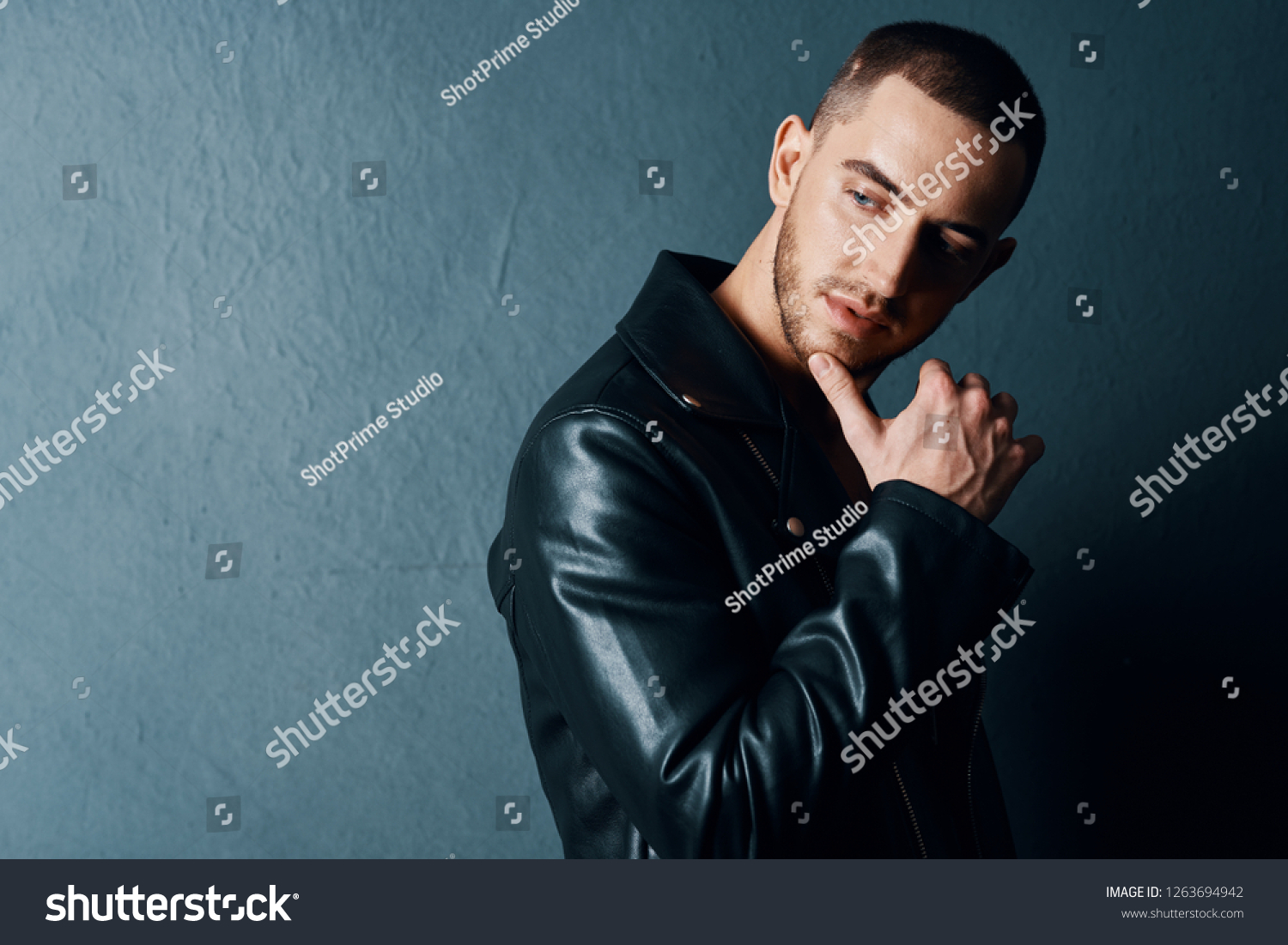 Sexy Man Leather Jacket On Gray Stock Photo Shutterstock