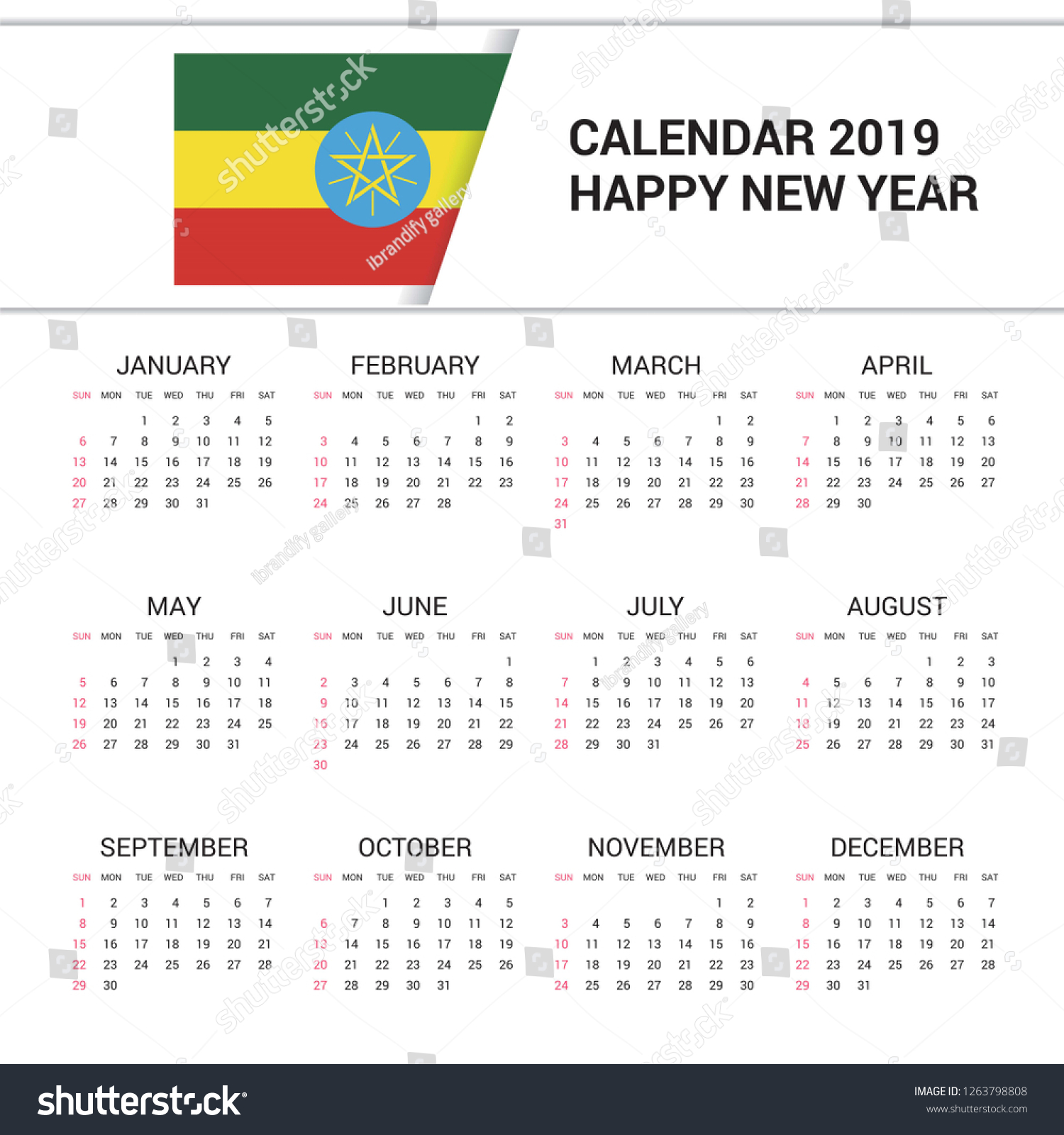 Calendar 2019 Ethiopia Flag Background English Stock Vector (Royalty ...