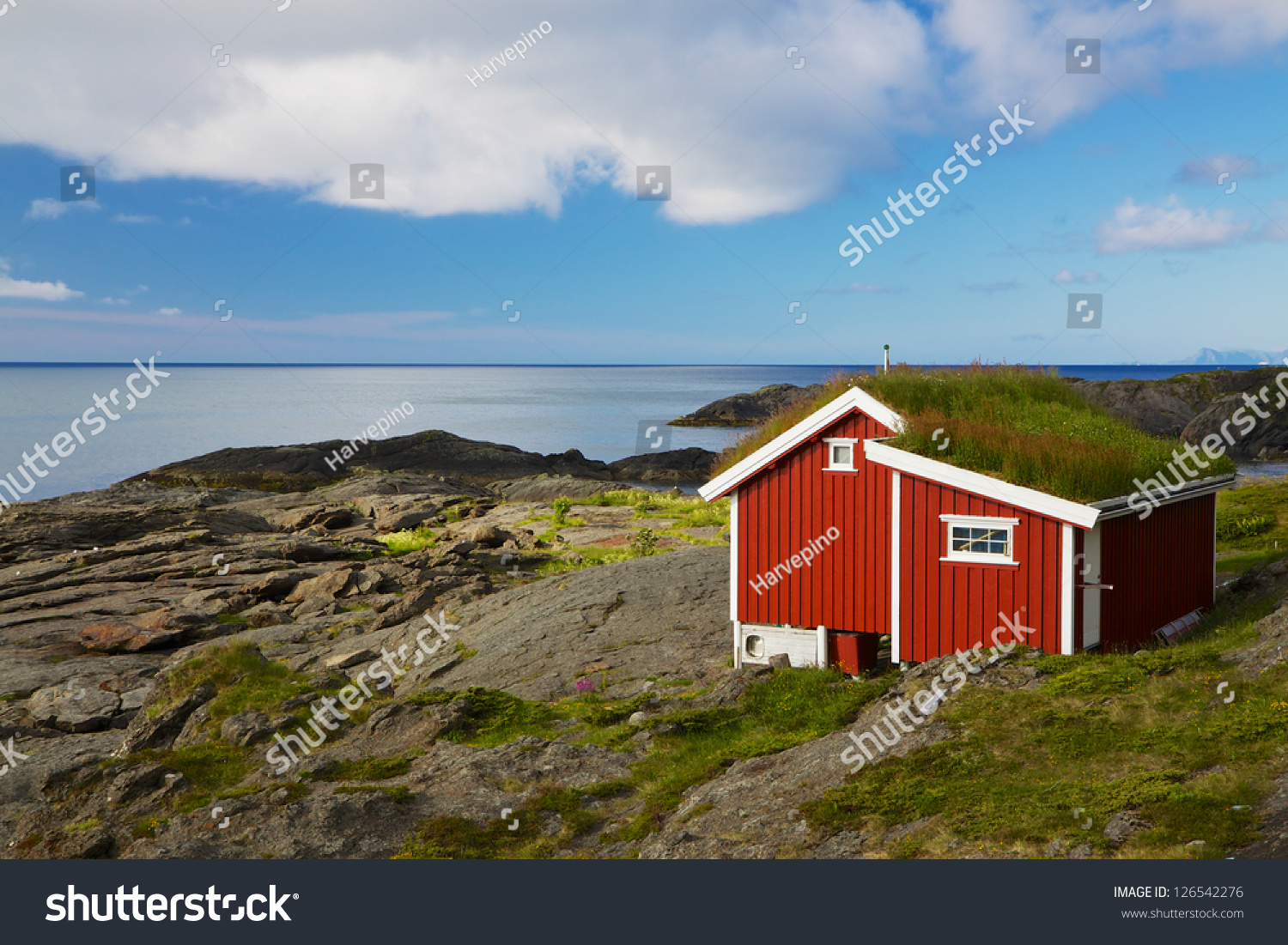 Traditional Norwegian Red Hut Green Roof Stock Photo 126542276 ...