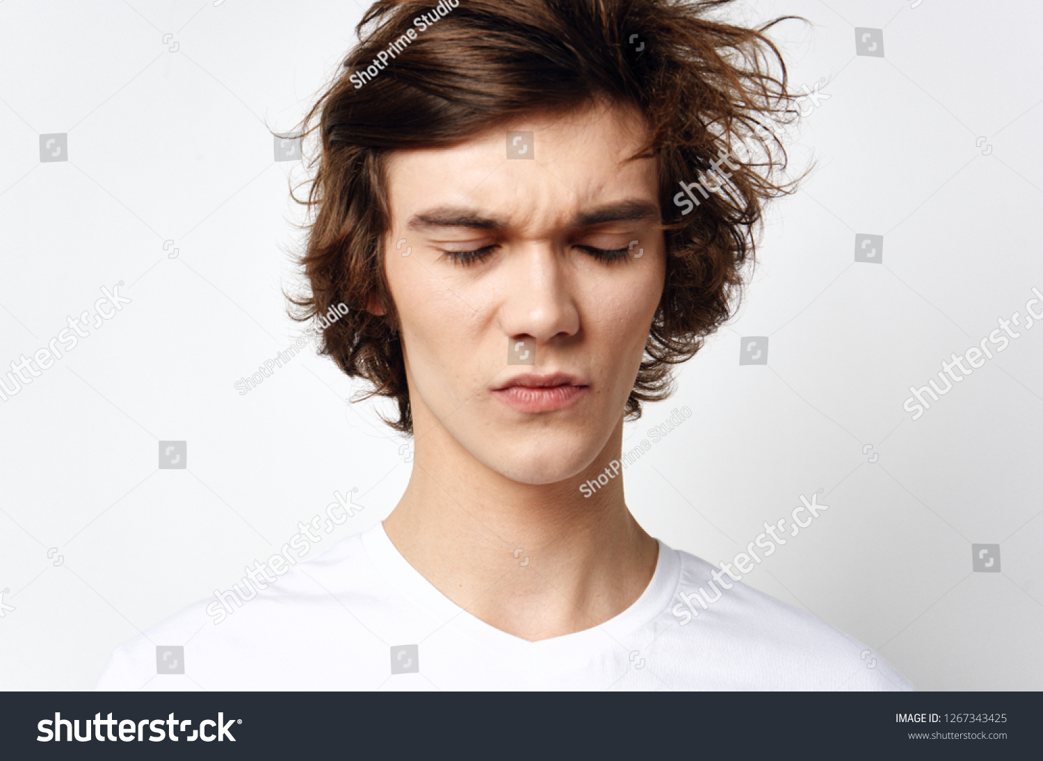 Handsome Man Closed Eyes White Tshirt Stock Photo 1267343425 | Shutterstock