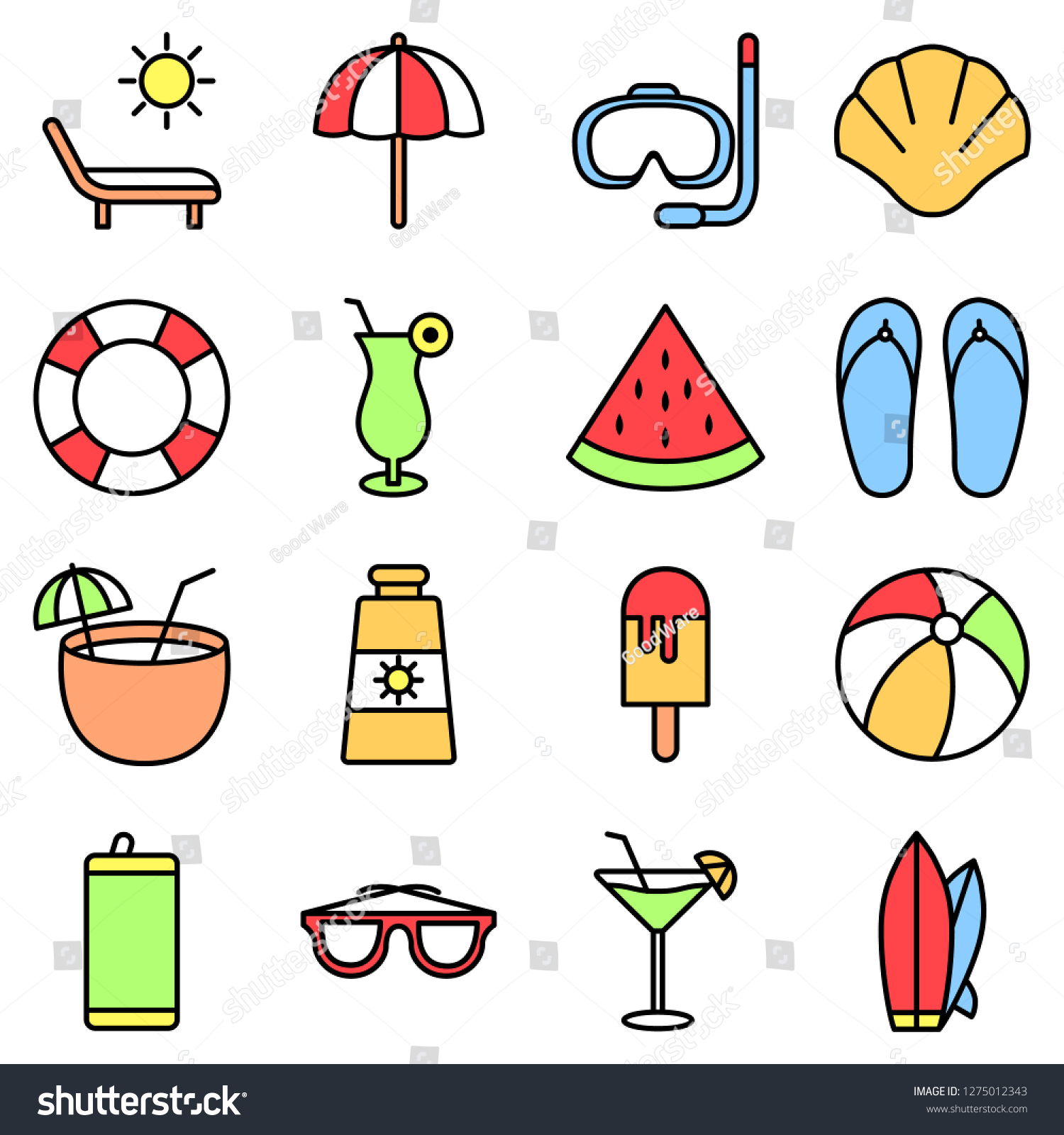 Beach Icons Pack Isolated Beach Symbols Stock Vector (Royalty Free ...