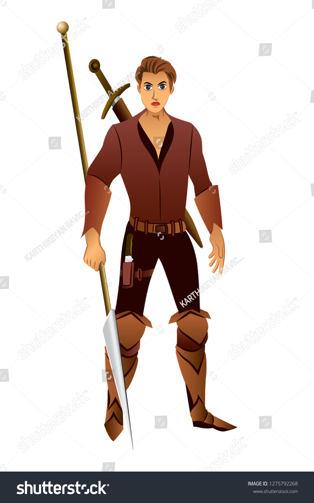 Warrior Man Holding Spear Sword Isolated Stock Vector (Royalty Free