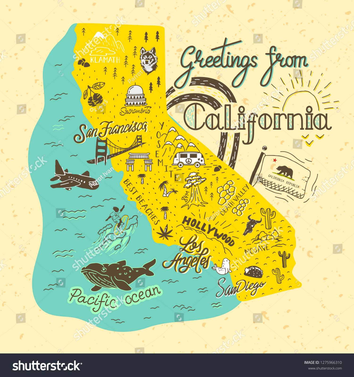 California Illustrator Vector Map With Cities Roads And Images
