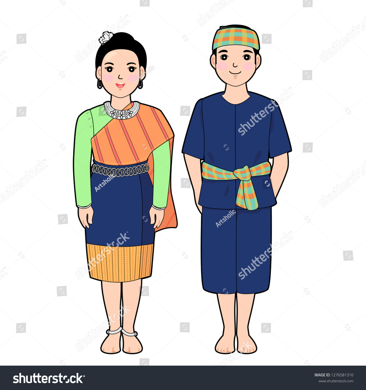Woman Man Northeast Thai Traditional Dress Stock Vector (Royalty Free ...