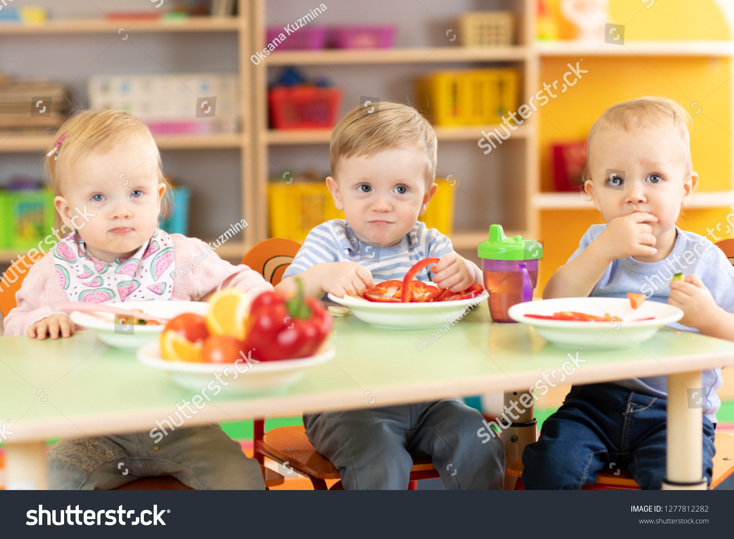 Funny Babies Group Eating Vegetables Kindergarten Stock Photo ...