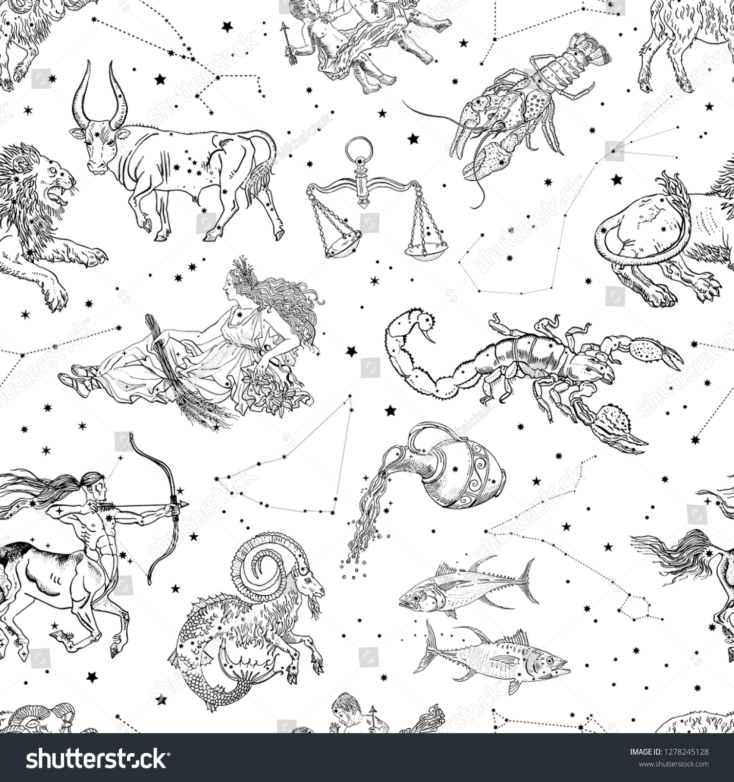 Zodiac Signs Constellations Seamless Pattern Aries Stock Vector ...