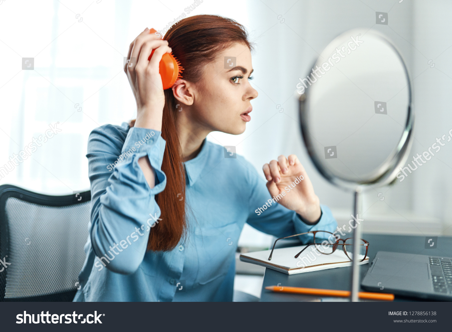 Pretty Woman Sitting Table She Looks Stock Photo 1278856138 | Shutterstock