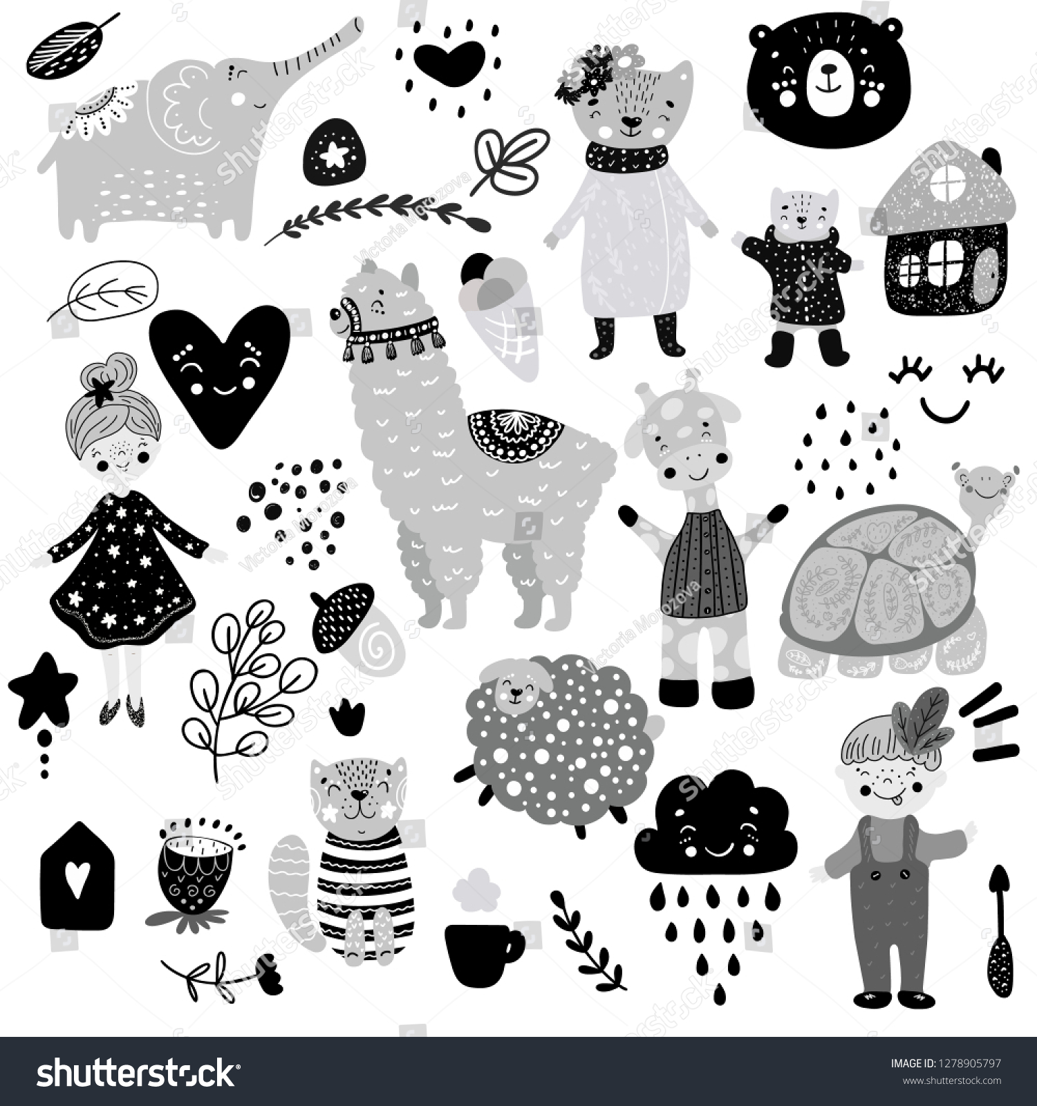 Scandinavian Kids Doodles Elements Pattern Set Stock Vector (Royalty ...