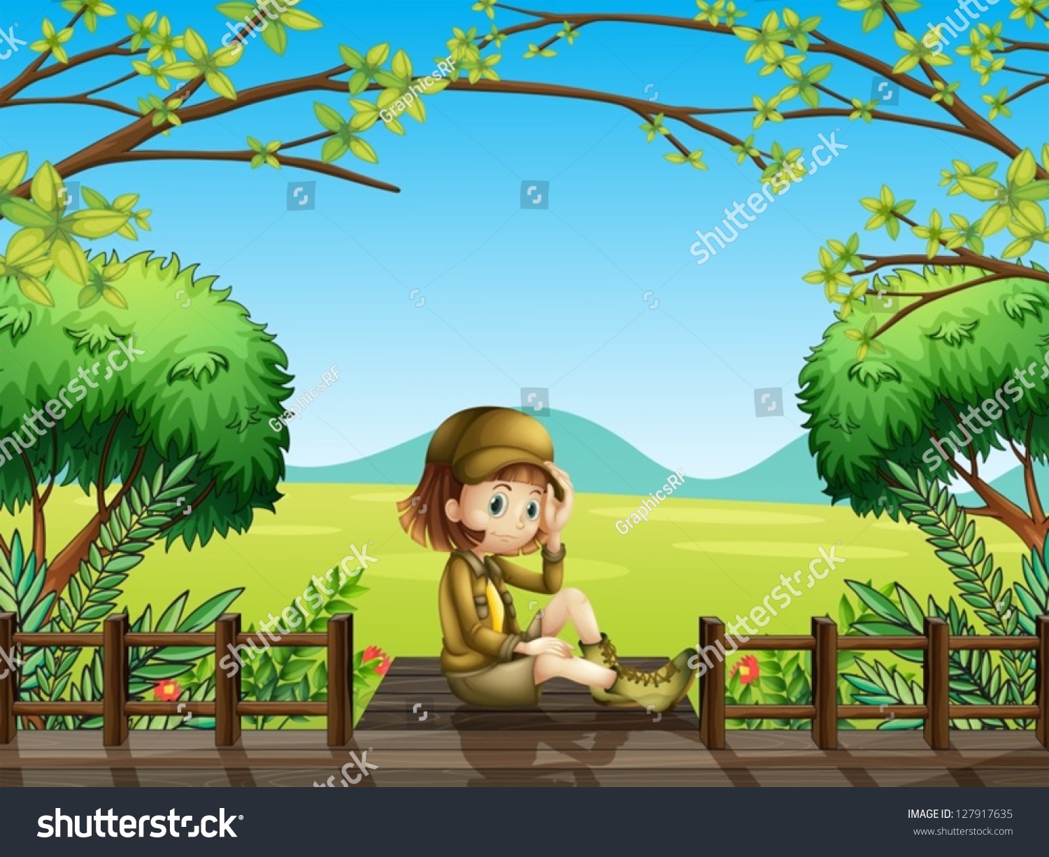 Illustration Girl Sitting Wooden Bridge Stock Vector (Royalty Free ...