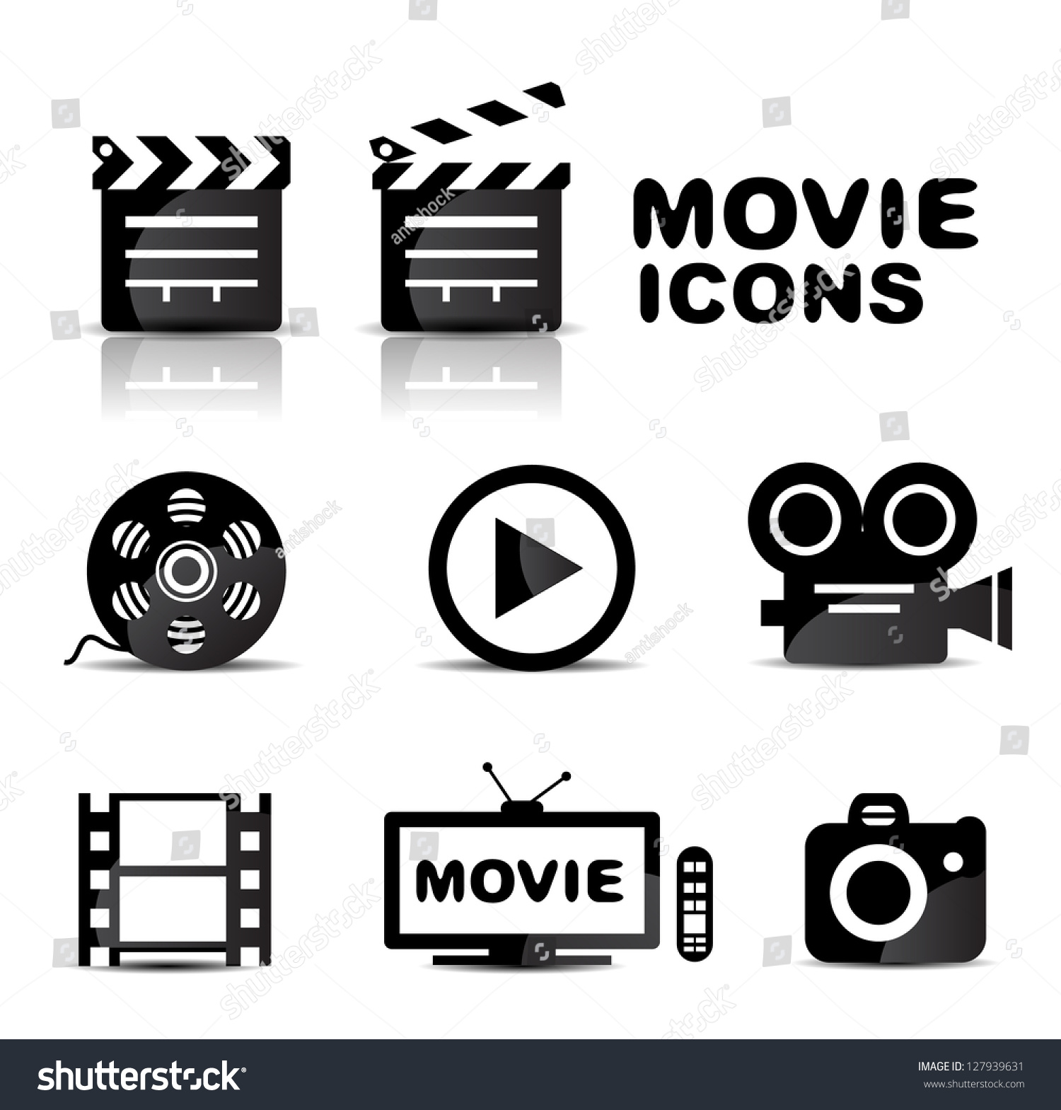 Movie Black Glossy Icon Set Vector Stock Vector (Royalty Free ...