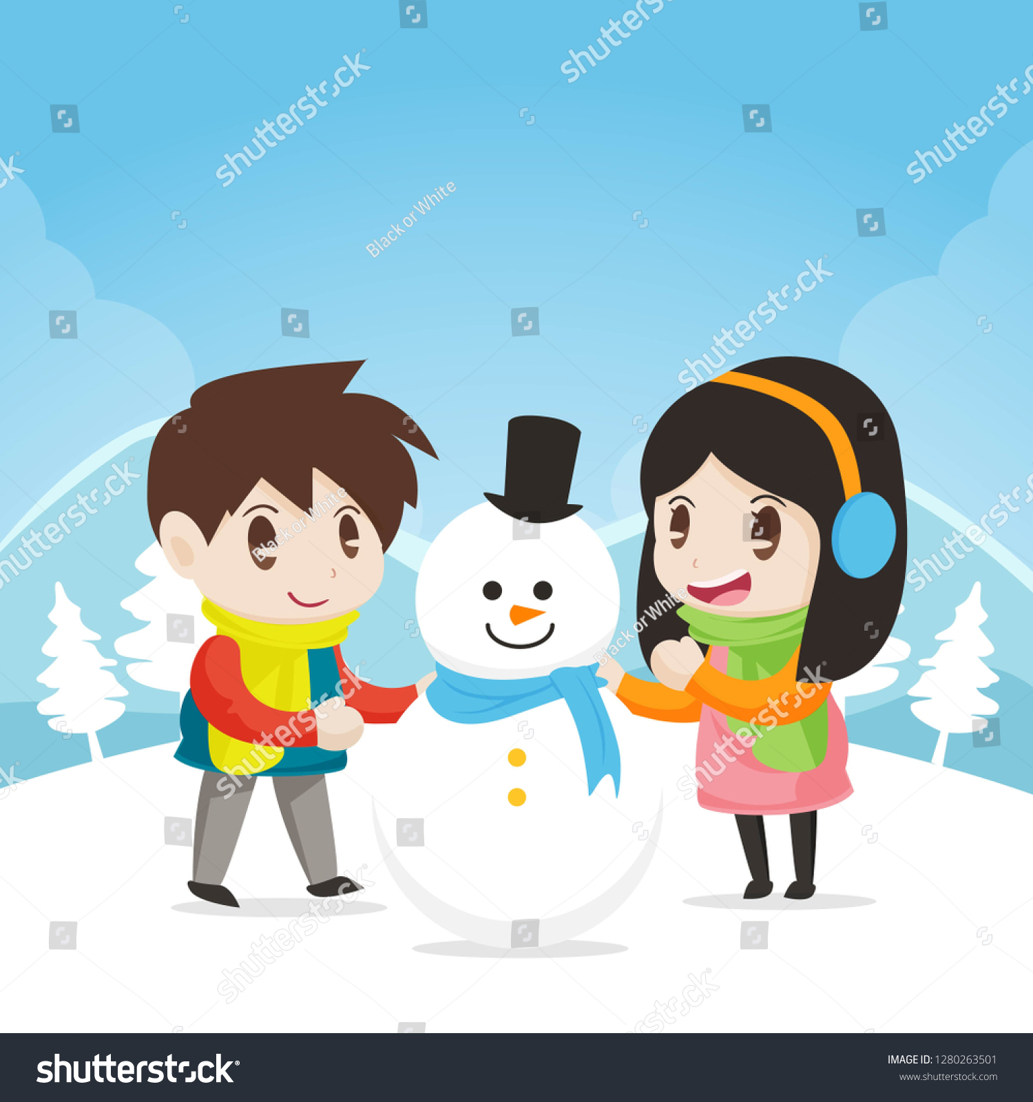 Funny Cartoon Kids Playing Snow Illustration Stock Vector (Royalty Free ...