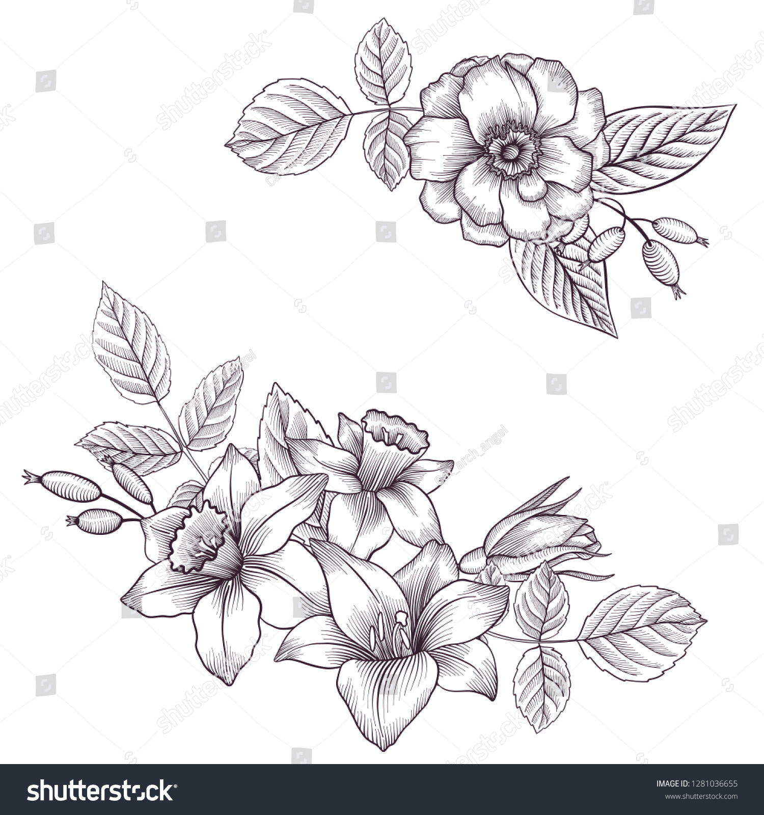 Vintage Vector Floral Composition Flowers Buds Stock Vector (Royalty ...