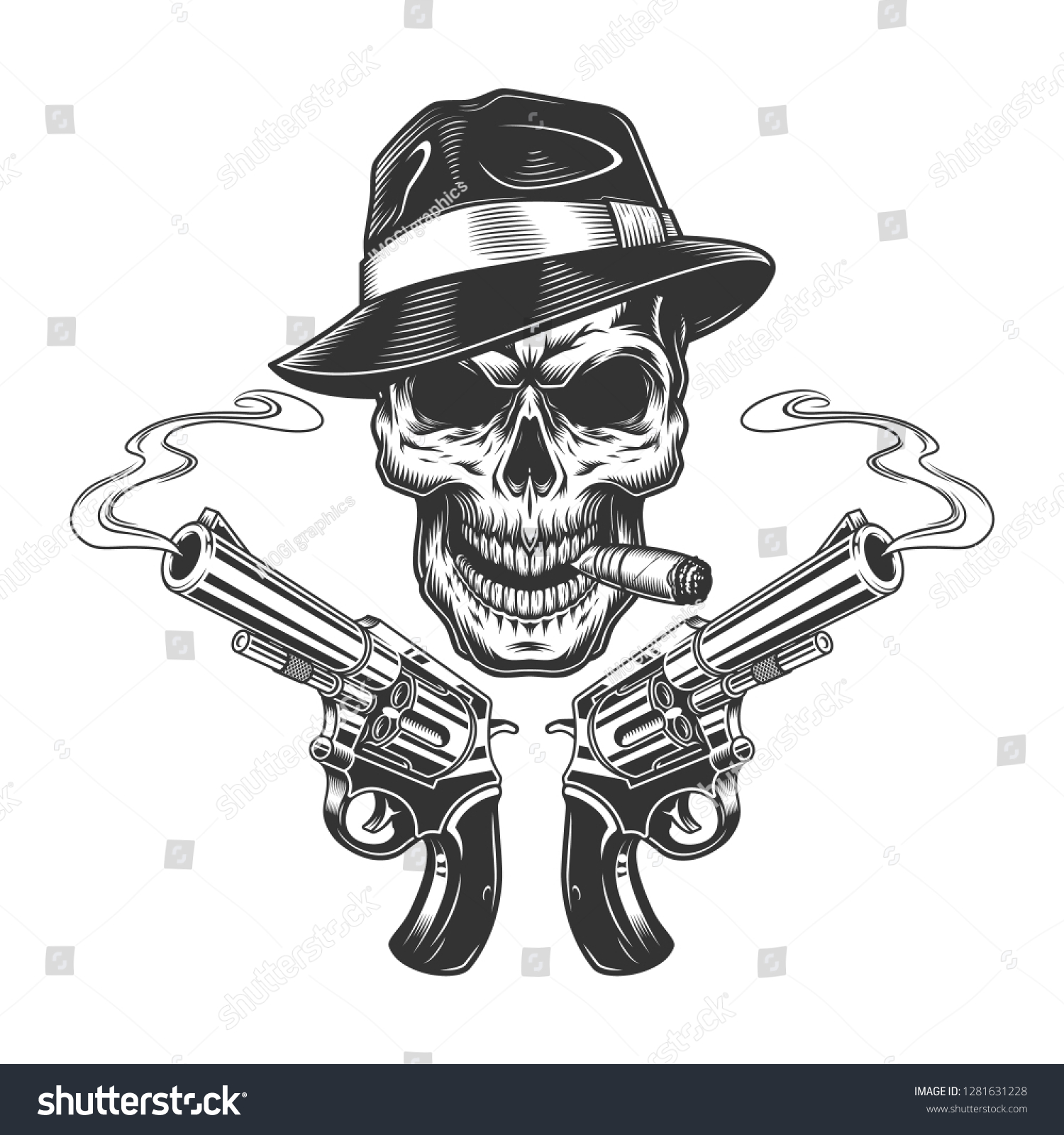 Vintage Monochrome Killer Skull Smoking Cigar Stock Vector (Royalty ...