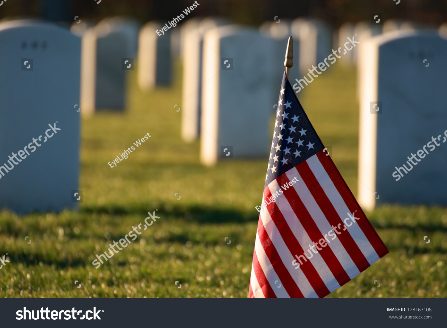 American Flag Foreground Cemetery Grave Marker Stock Photo 128167106 ...