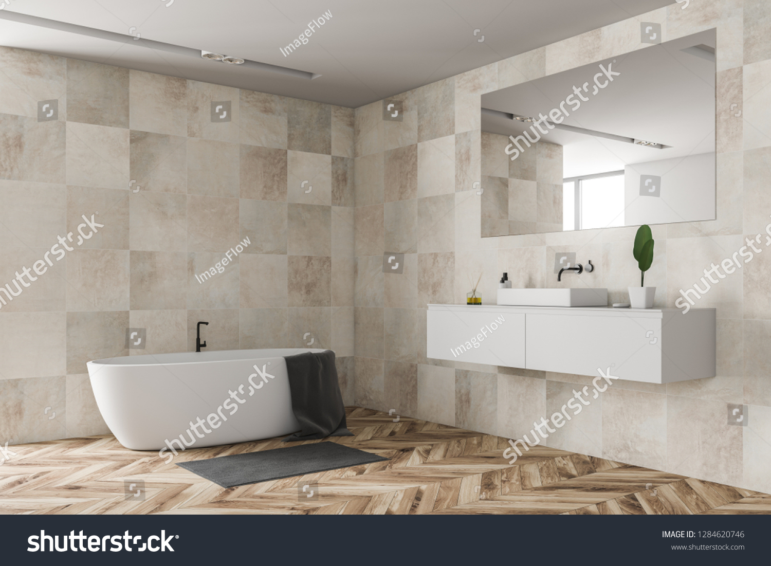 Corner Modern Bathroom Beige Tile Walls Stock Illustration 1284620746 ...