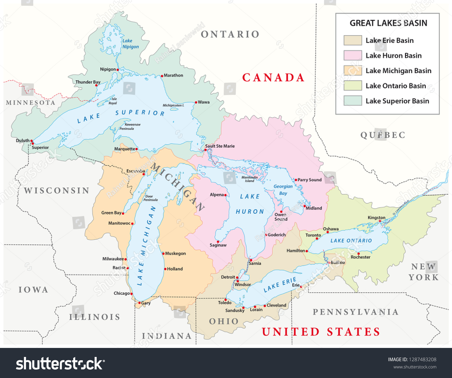 Vector Map Great Lakes Basin Stock Vector (Royalty Free) 1287483208 ...