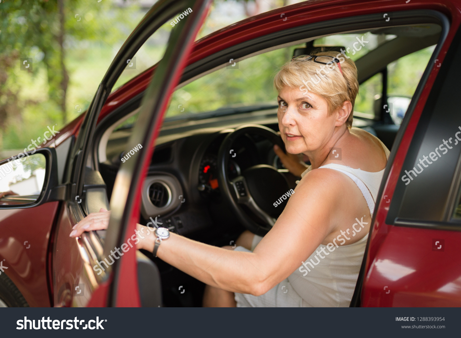 Mature Woman Got Into Car Going Stock