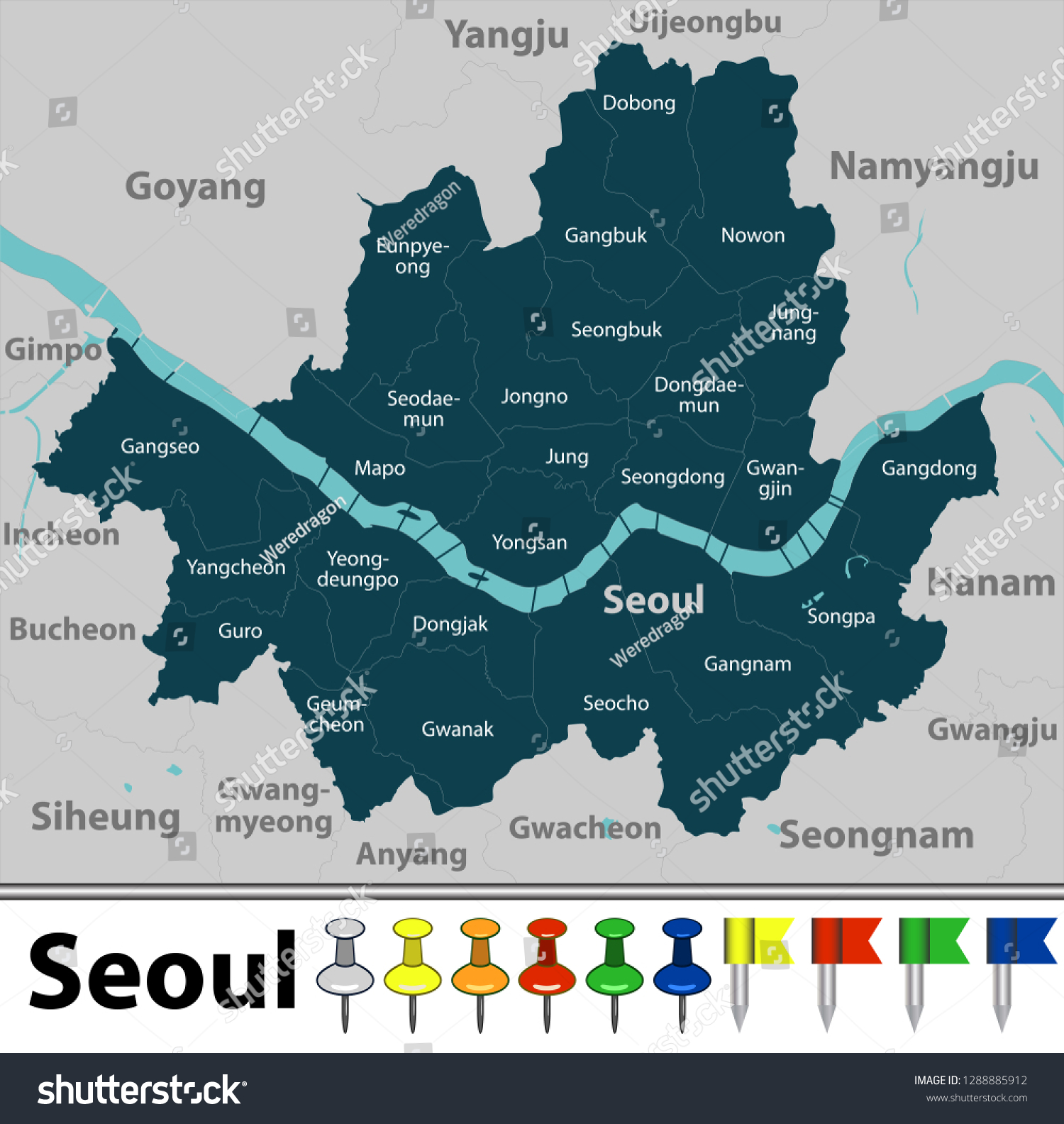 Vector Map Seoul South Korea Districts   Stock Vector Vector Map Of Seoul In South Korea With Districts Hangang River Neighbouring Cities And Icons 1288885912 