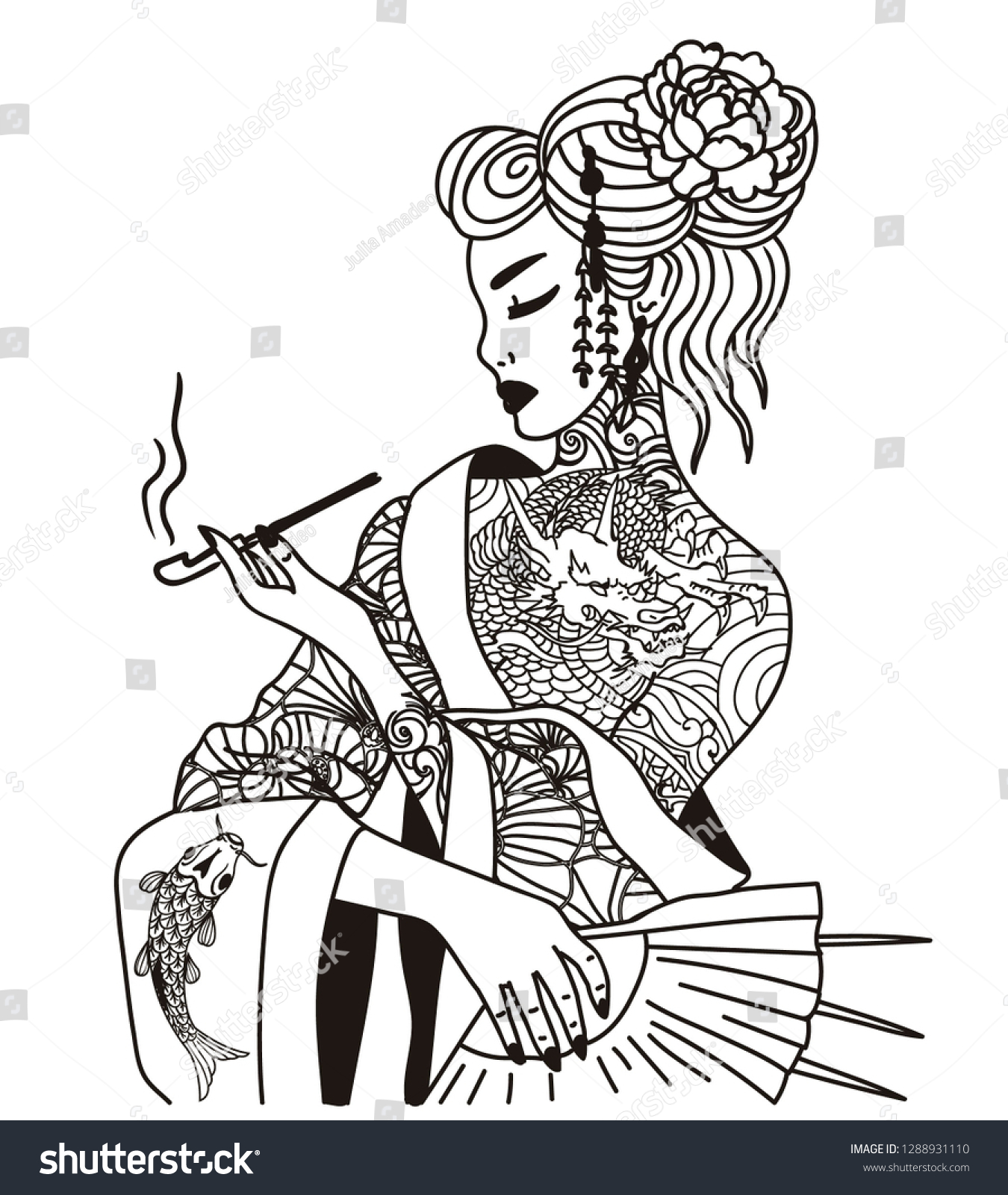 Minimalistic Drawing Beautiful Geisha Pipe His Stock Vector (Royalty ...