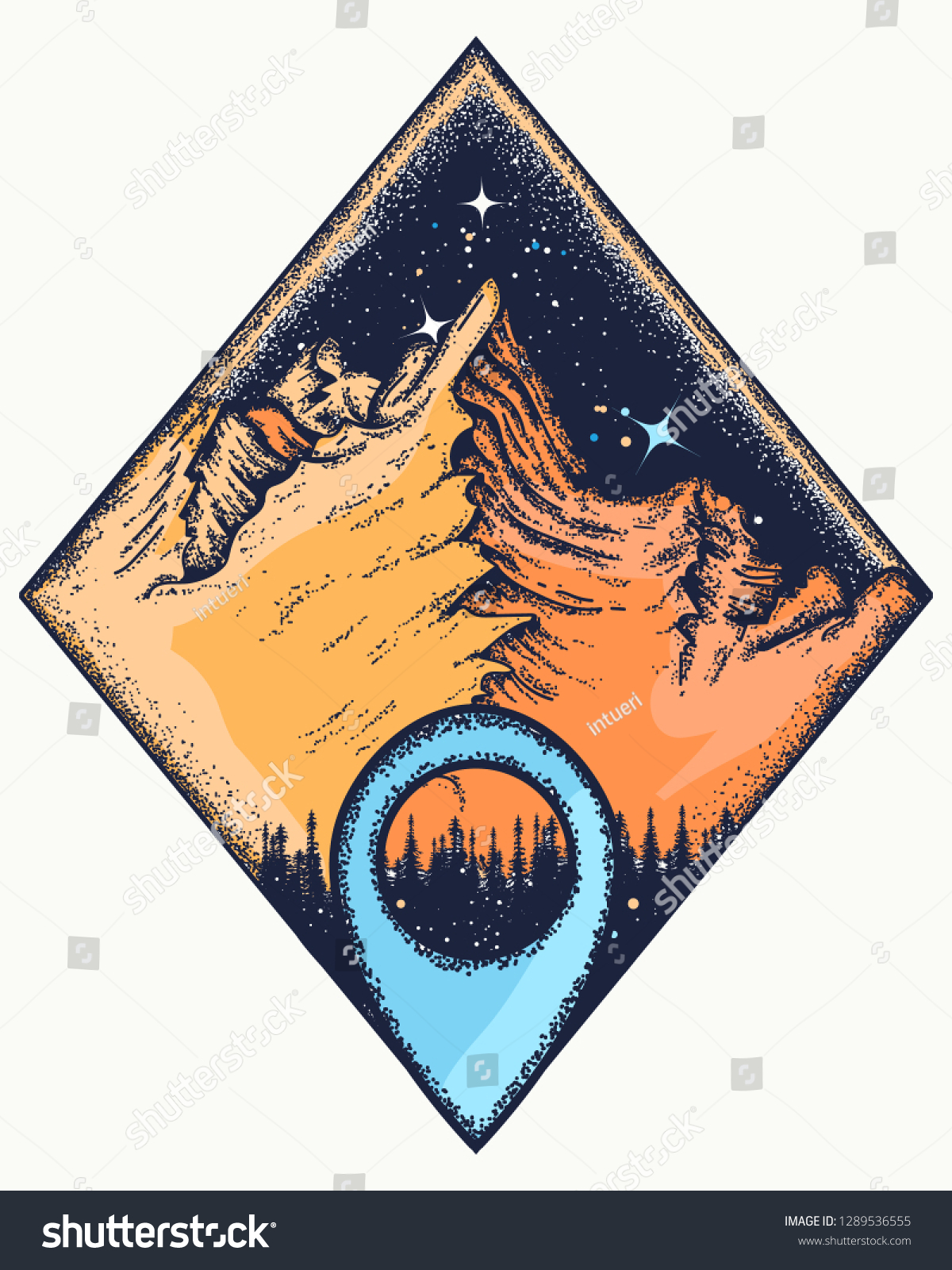 Stock Vector Mountains And Map Pointer T Shirt Design Symbol Of Climbing Camping Great Outdoors Tourism 1289536555 