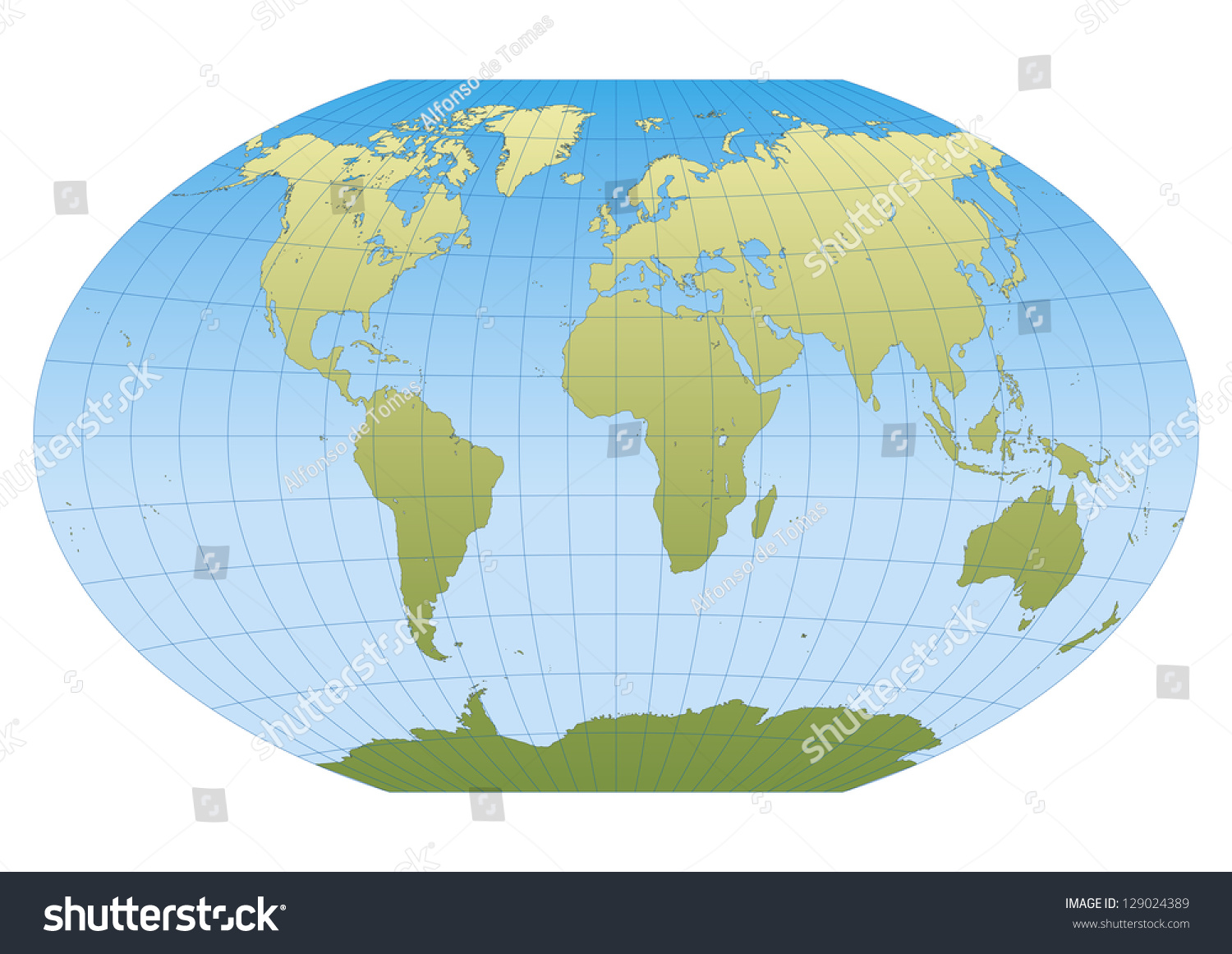 Map World Winkel Tripel Projection Graticule Stock Vector Royalty Free   Stock Vector Map Of The World In Winkel Tripel Projection With Graticule Centered In Europe And Africa 129024389 