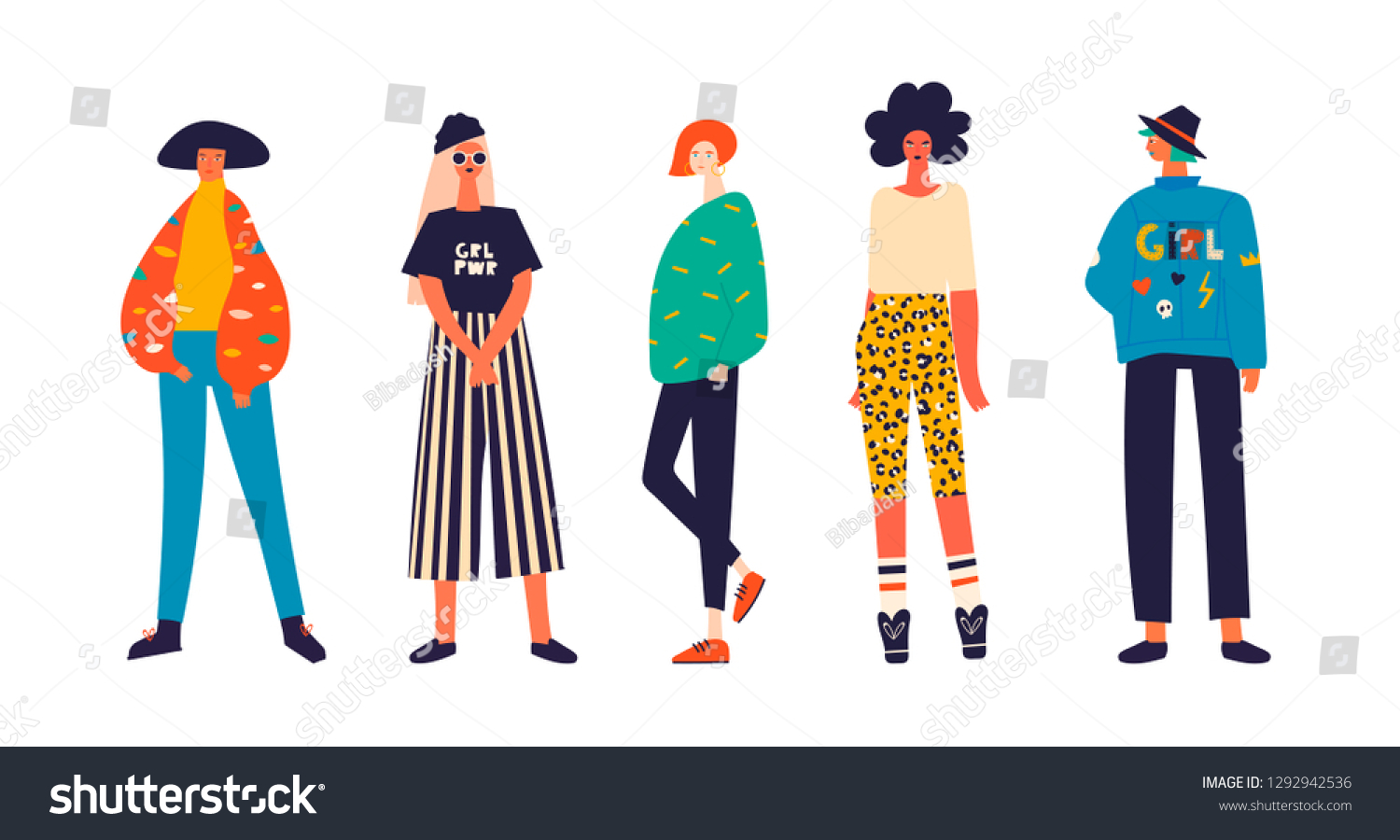 Five Girls Dressed Trendy Clothes Standing Stock Vector (Royalty Free ...