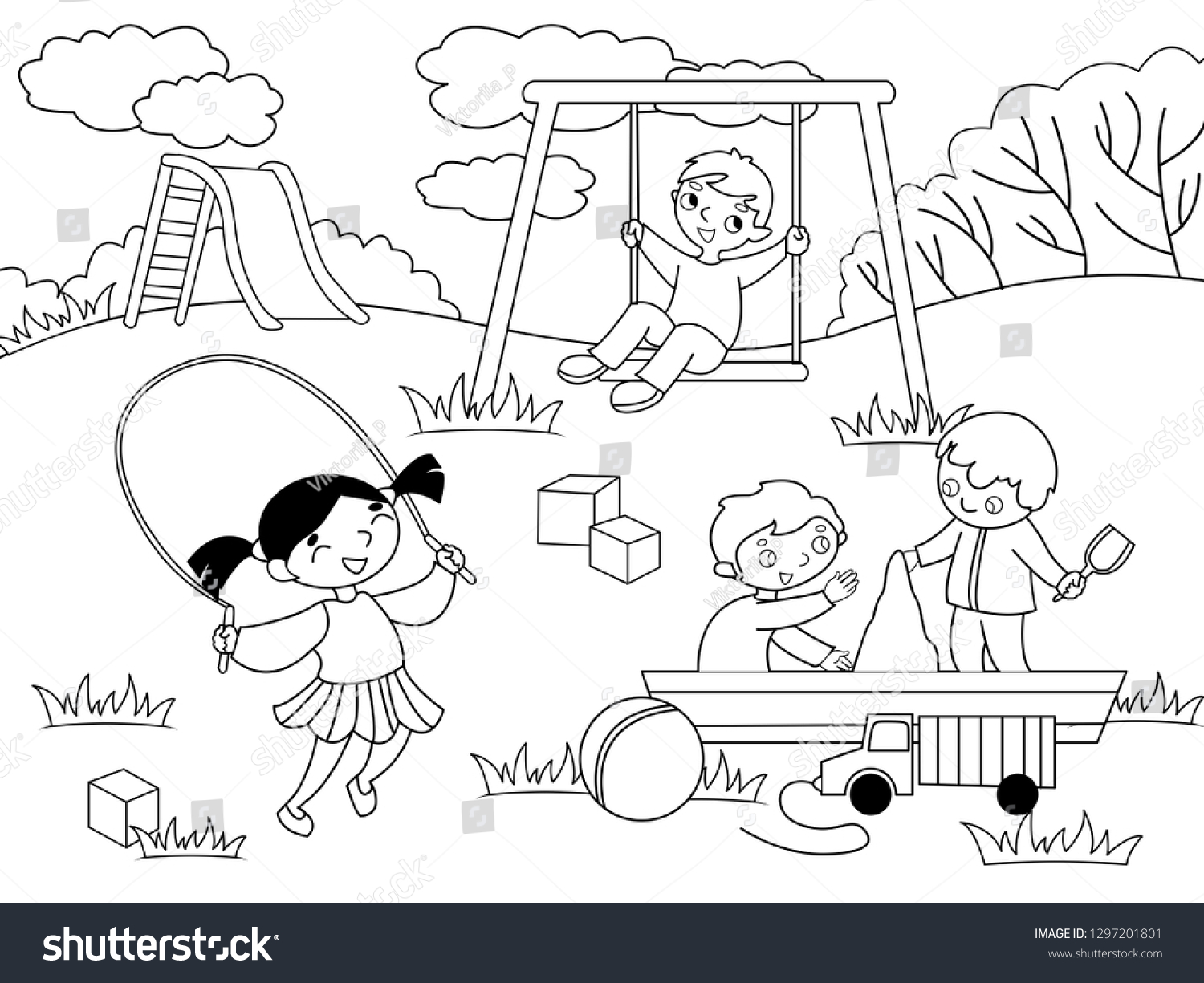 Дети на игровой площадке раскраска для детей