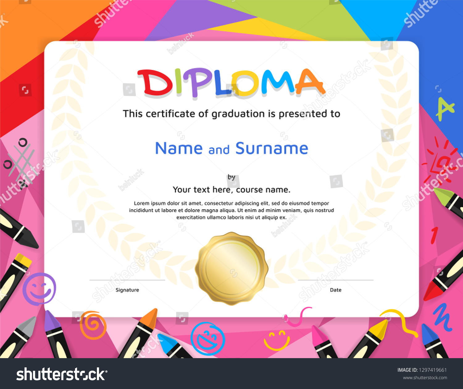 Kids Diploma Certificate Template Colorful Background Stock Vector ...