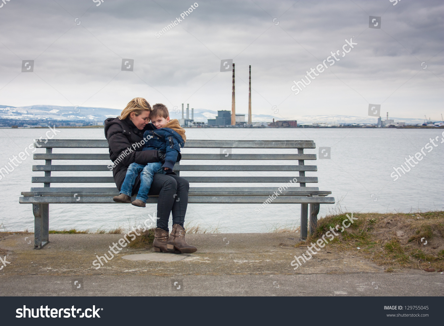 Mother Son Sitting On Bench Industrial Stock Photo 129755045 | Shutterstock