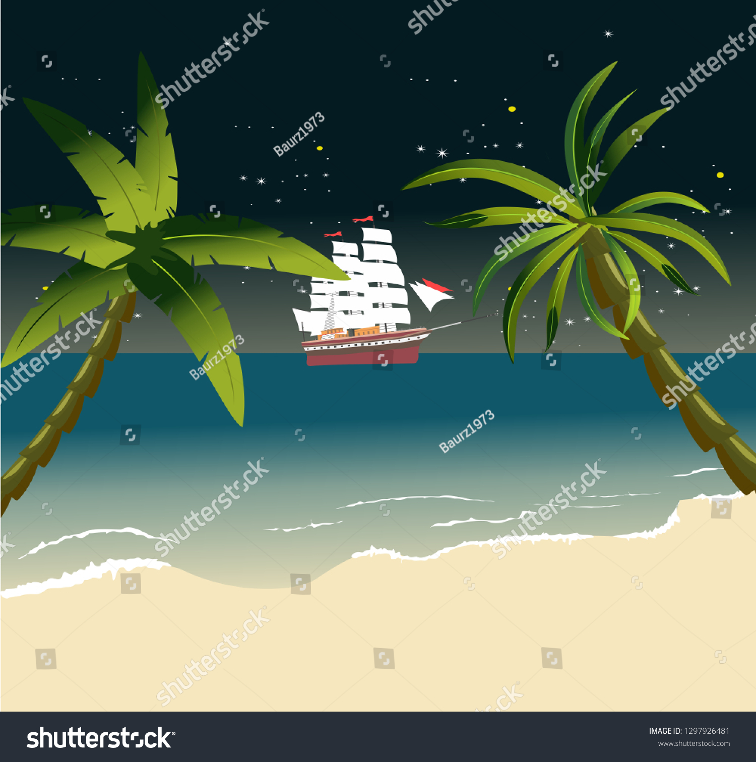 Tropical Sea Landscape Night Time Sailed Stock Vector Royalty Free