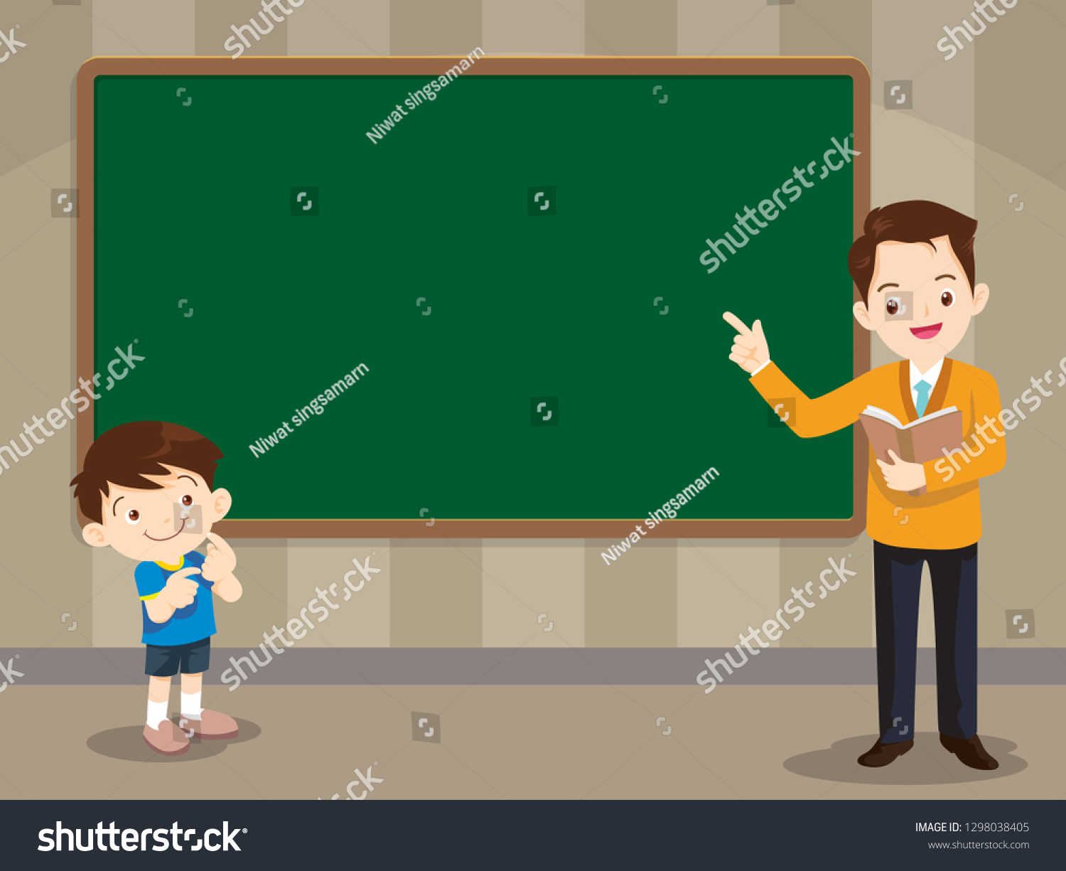 Teacher Studen Boy Standing Front Chalkboard Stock Vector (Royalty Free ...