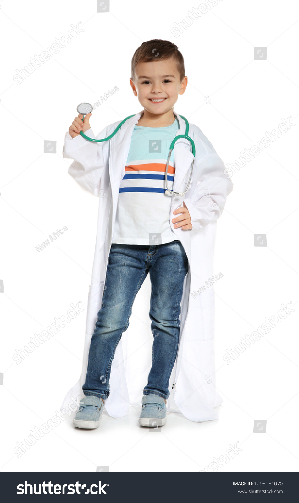 Cute Little Child Doctor Coat Stethoscope Foto Stok 1298061070