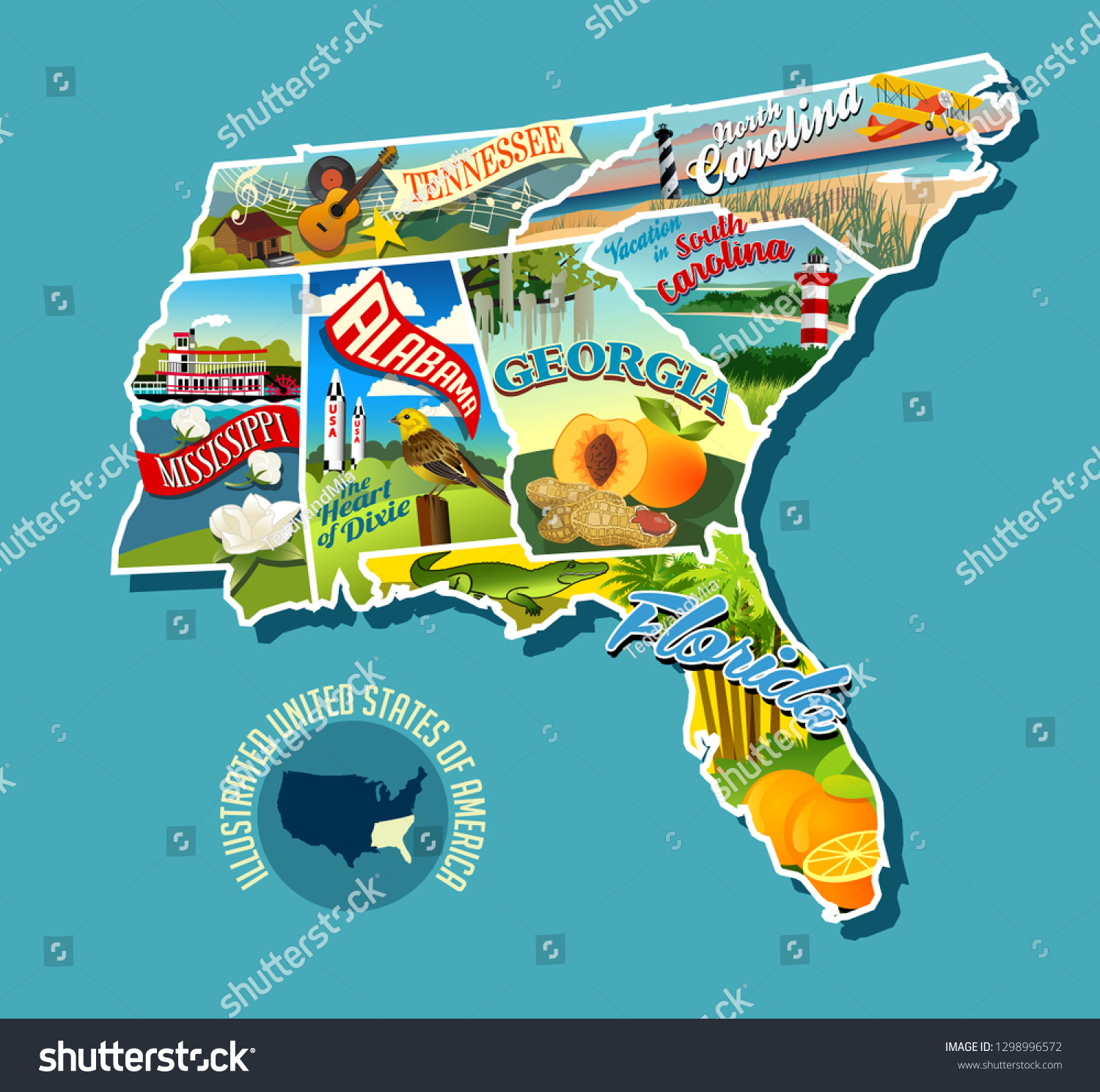 Illustrated Pictorial Map Southern United States Stock Vector (Royalty ...