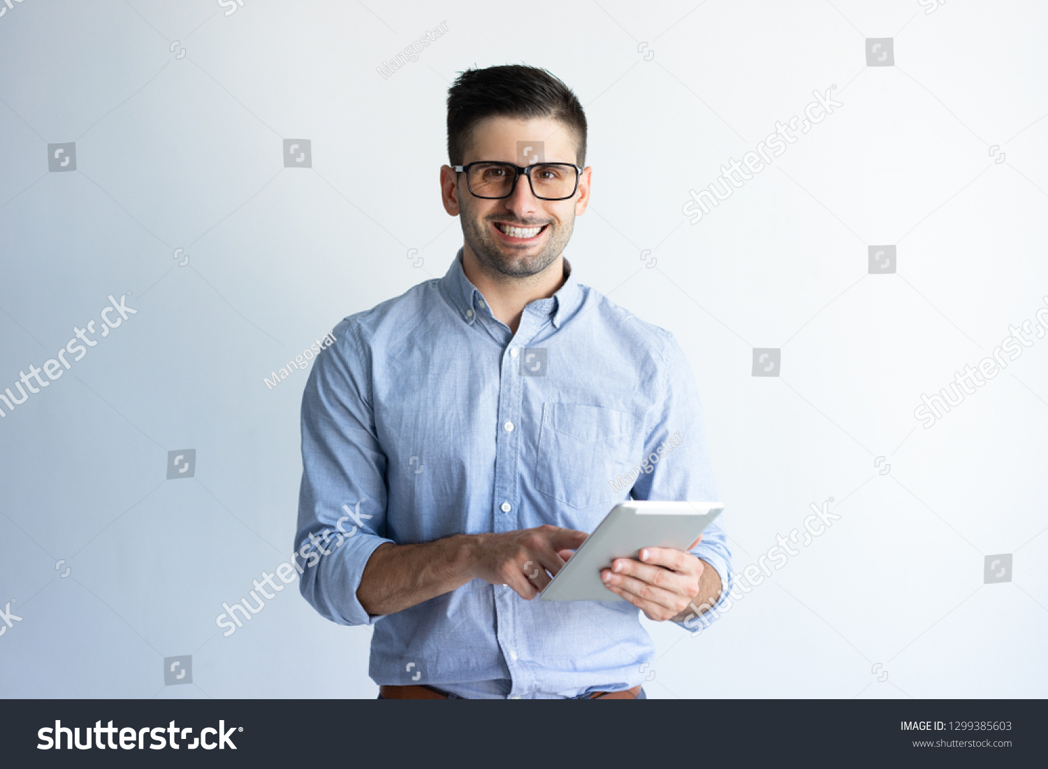 Cheerful Professional Glasses Studying Report Young Stock Photo ...