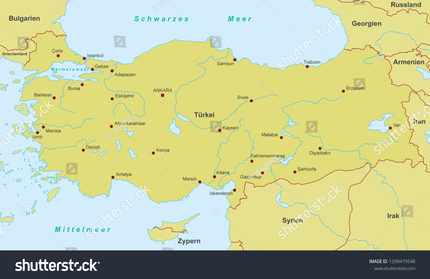 Map Turkey German Inscription Stock Vector (Royalty Free) 1299479548 ...