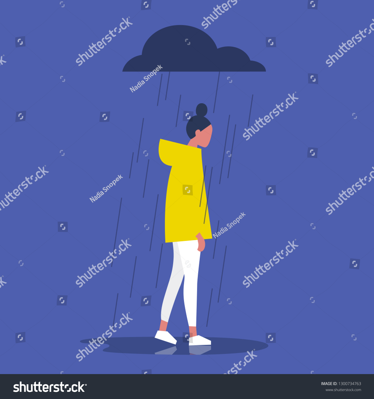 Sad Female Character Standing Under Rain Stock Vector (Royalty Free ...