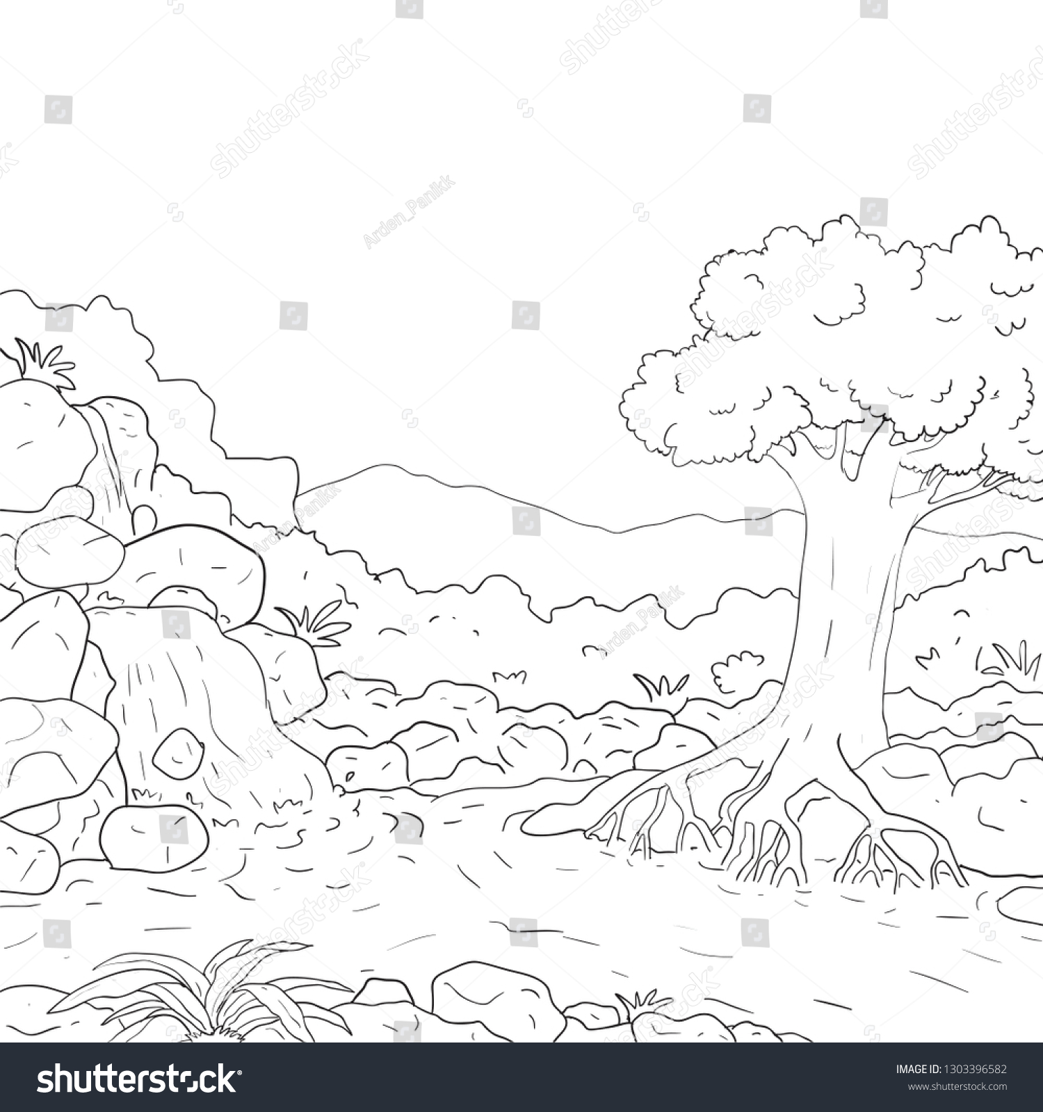 Cartoon Waterfall Picture Outline Vector Drawn Stock Vector (royalty 