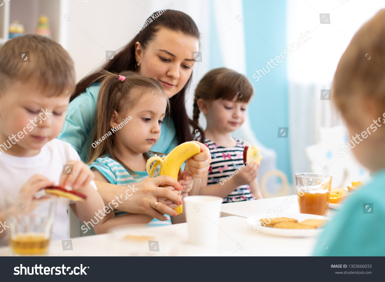 Kids Have Lunch Children Carer Together Stock Photo 1303666033 ...