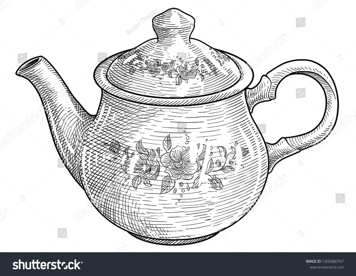 Porcelain Teapot Illustration Drawing Engraving Ink Stock Vector ...