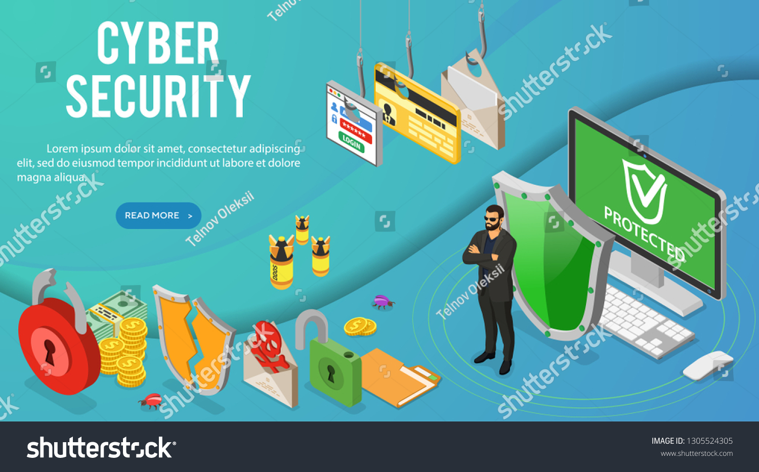 Cyber Security Isometric Banner Hacking Phishing Stock Vector (Royalty ...