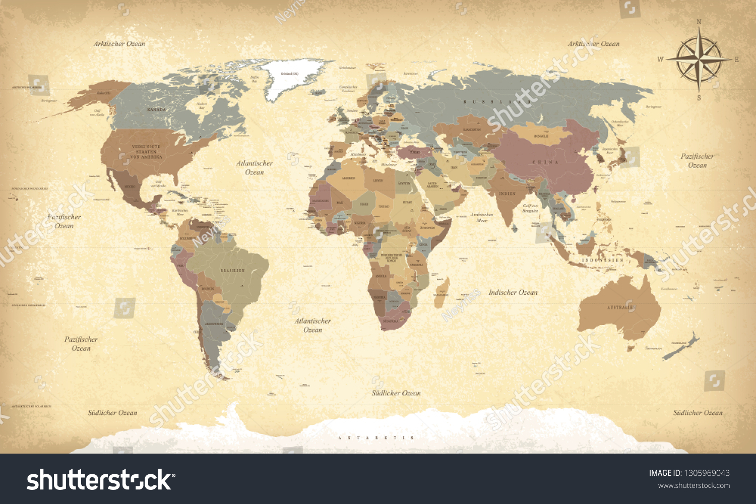 8 554 Im Genes De World Map German Im Genes Fotos Y Vectores De Stock Vector Textured Vintage World Map De Vector German Language 1305969043
