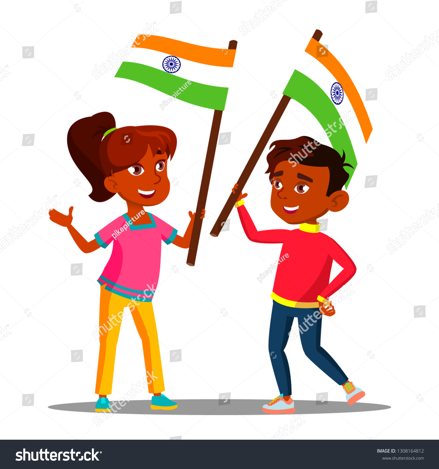 Happy Indian Kids Waving Flags India Stock Illustration 1308164812 ...