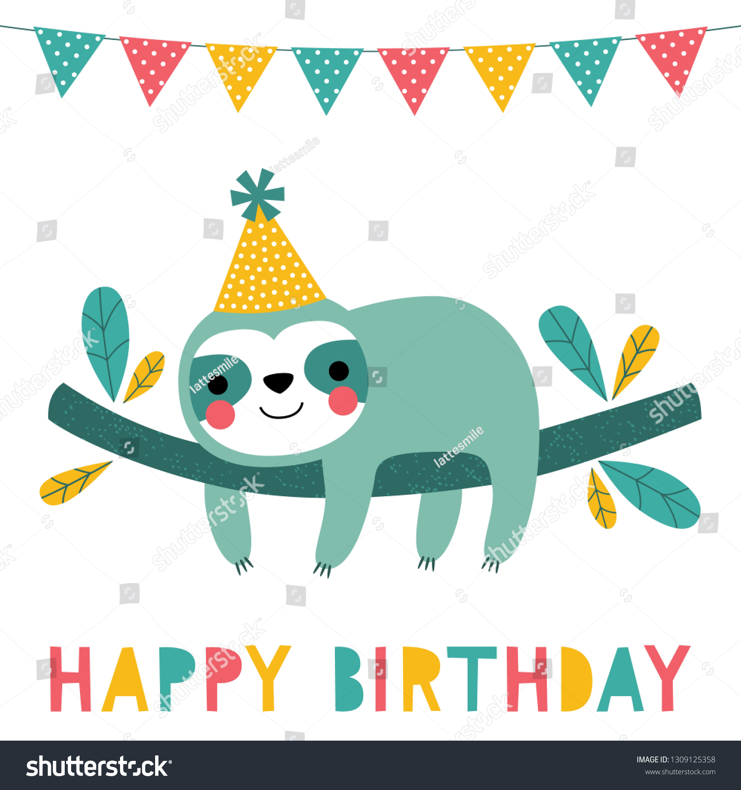 Birthday Vector Card Cute Sloth Stock Vector (Royalty Free) 1309125358 ...