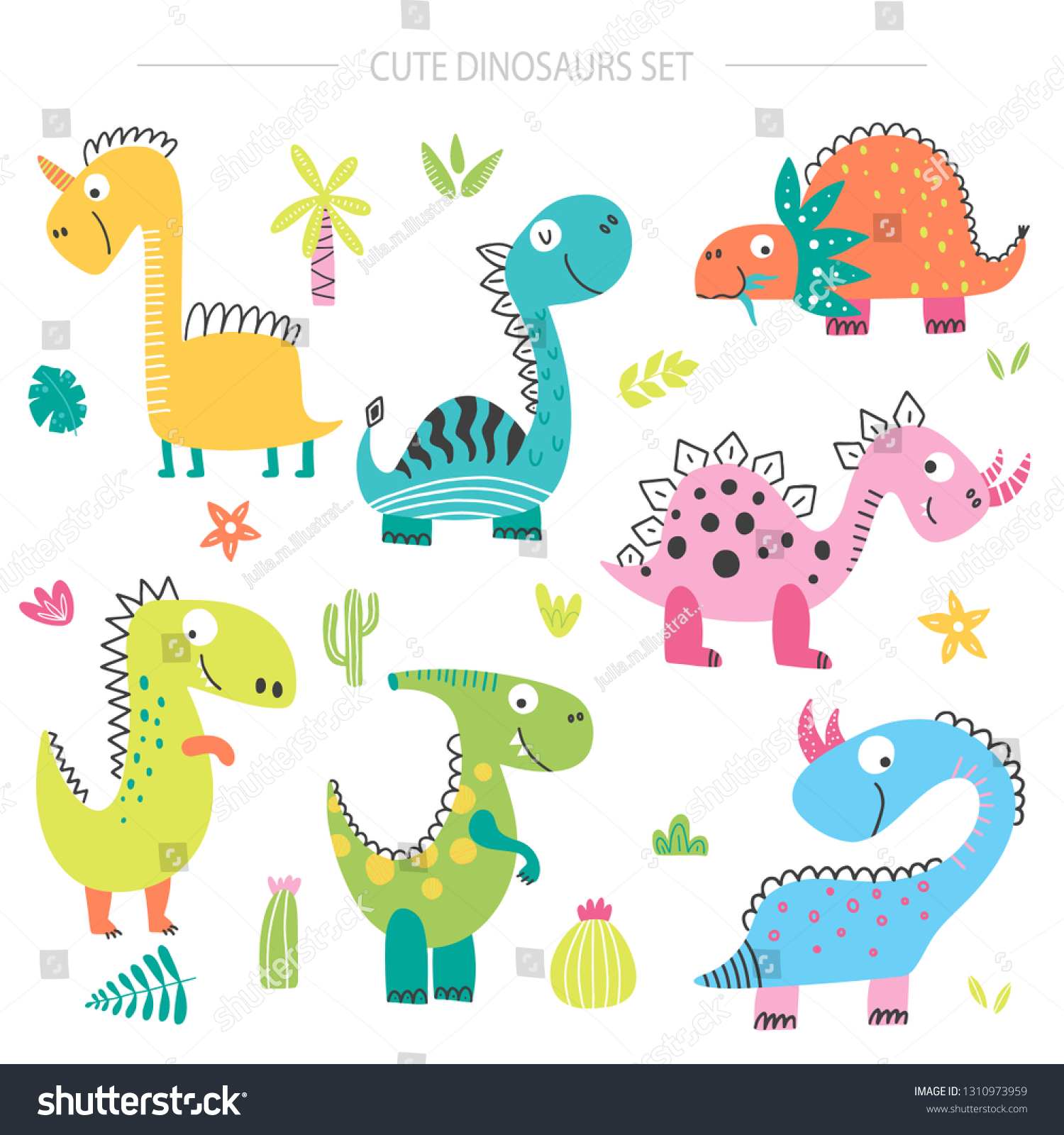 Collection Cute Colorful Dinosaurs Isolated On Stock Vector (Royalty ...