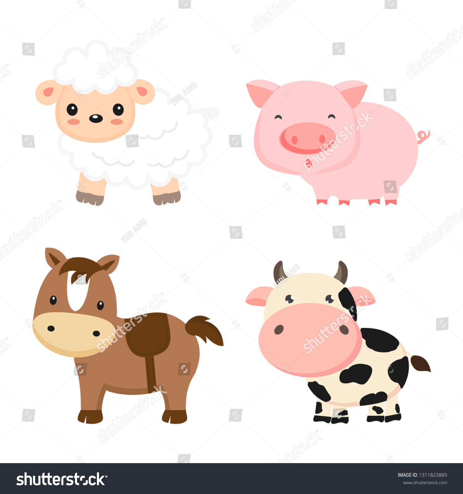 Cute Farm Animals Cow Pig Sheep Stock Vector (Royalty Free) 1311823889 ...