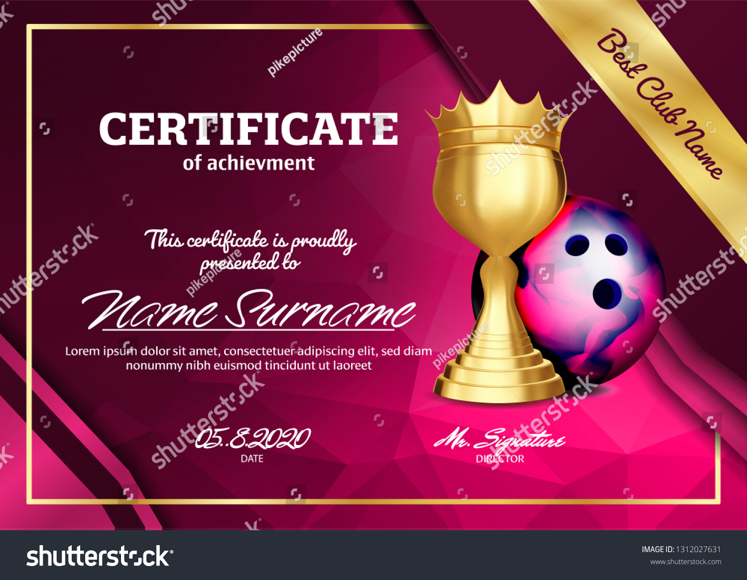 Bowling Certificate Diploma Golden Cup Vector Stock Vector (Royalty ...