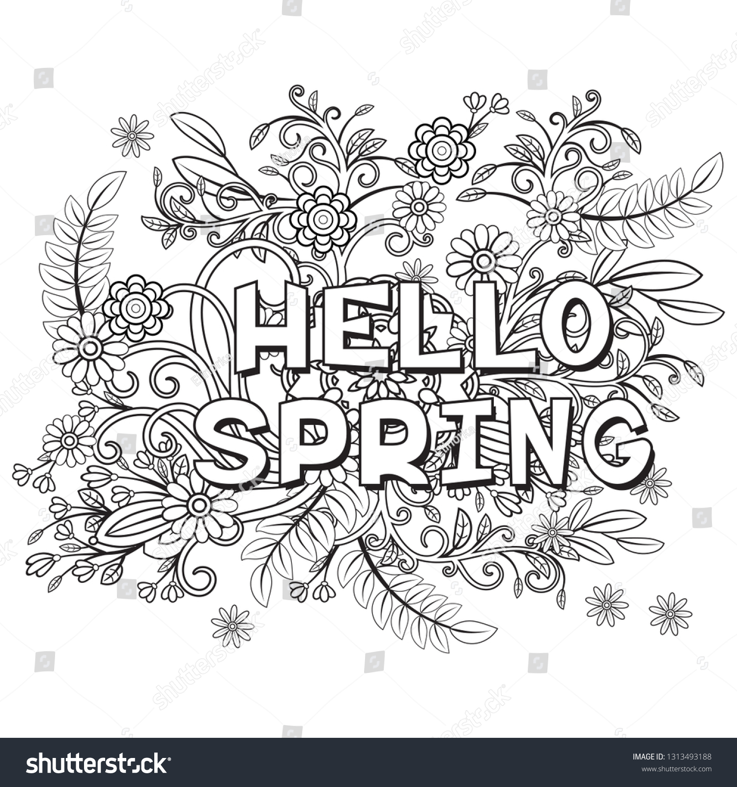 Hello Spring Coloring Page Beautiful Flowers Stock Illustration ...